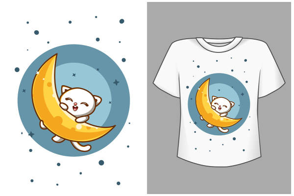 可爱猫咪月亮裁片印花服装 创意卡通服装印花设计