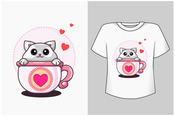 可爱猫咪裁片印花服装 温馨心形图案T恤设计