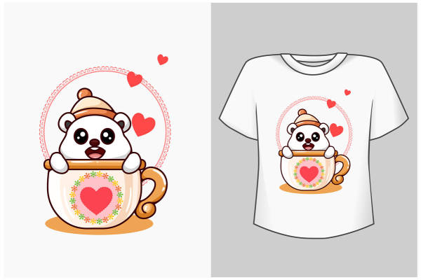 可爱熊猫裁片印花服装,温馨咖啡杯图案T恤设计