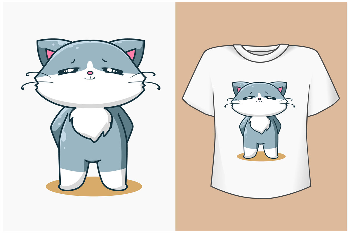 可爱卡通猫咪裁片印花服装，时尚休闲T恤设计