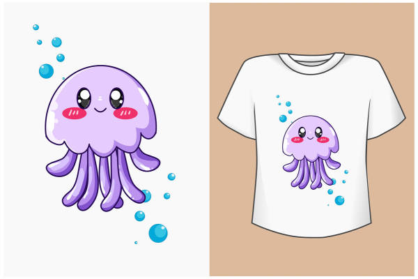 可爱卡通水母裁片印花服装,夏日清新风格儿童T恤