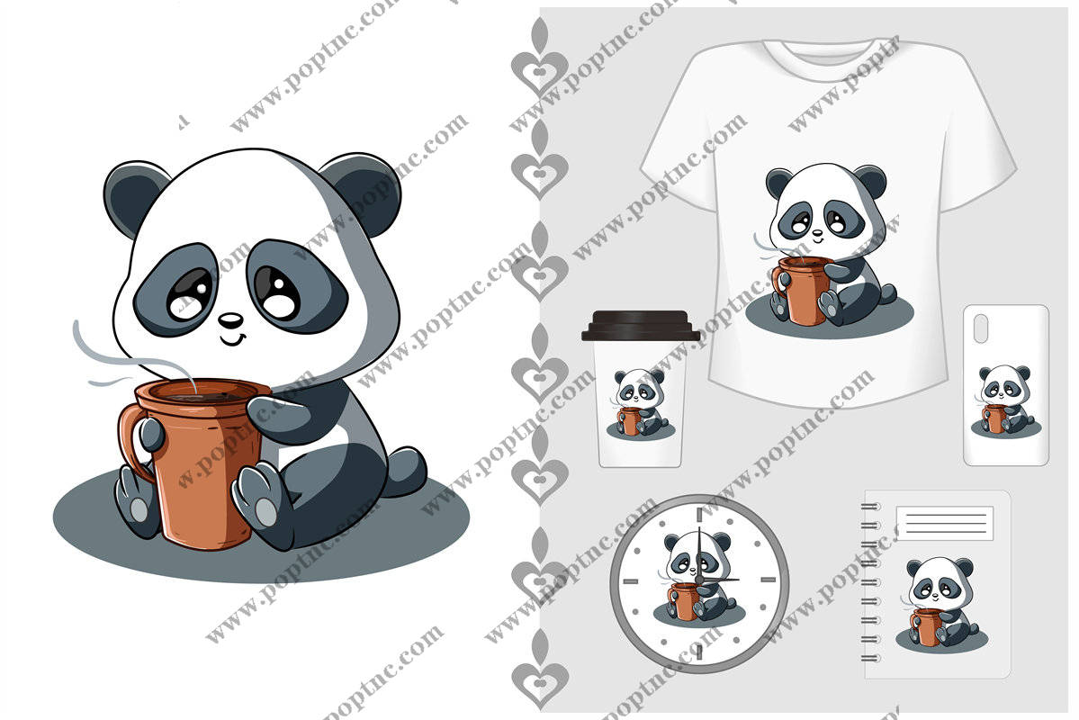 可爱熊猫喝咖啡裁片印花服装,时尚休闲风格设计