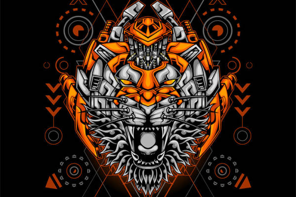 未来科技风格老虎头裁片印花服装印花设计