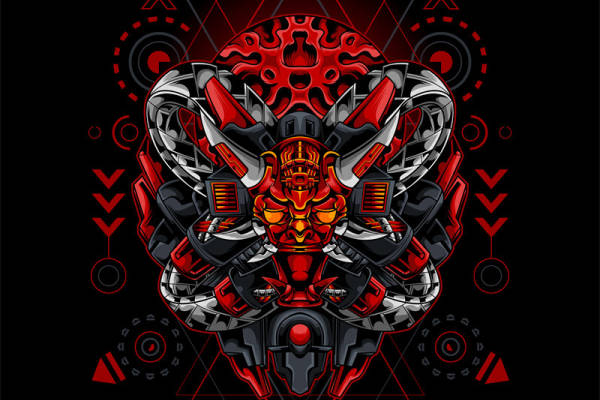 炫酷红色机器人裁片印花服装，未来科技风格服装印花设计