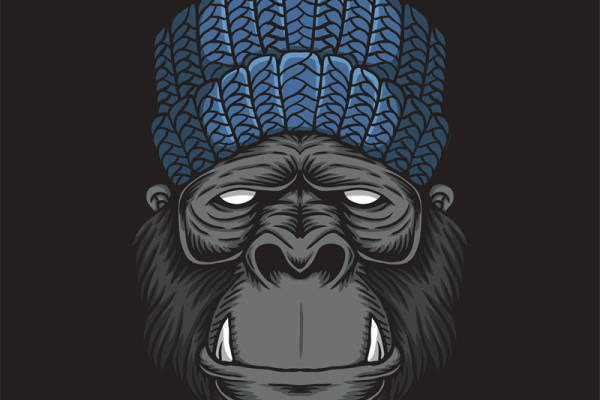 霸气黑猩猩头戴蓝色羽毛王冠裁片印花服装