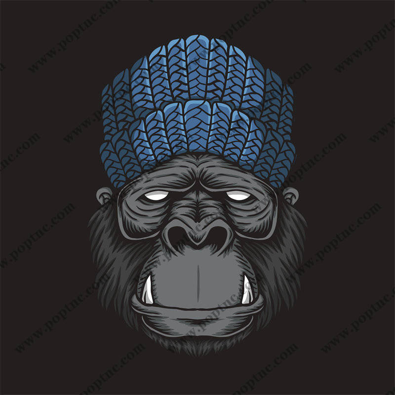 霸气黑猩猩头戴蓝色羽毛王冠裁片印花服装