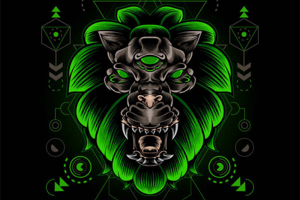 炫酷黑色底纹绿色狮子头裁片印花服装印花设计