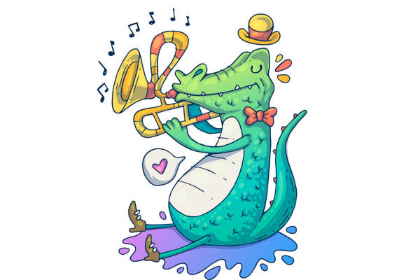 欢乐音乐主题裁片印花服装 趣味卡通鳄鱼演奏图案印花