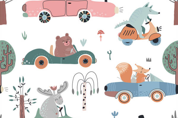 可爱动物驾驶复古汽车面料印花服装印花图案设计