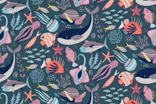 海洋生物面料印花设计，夏日清新服装印花图案