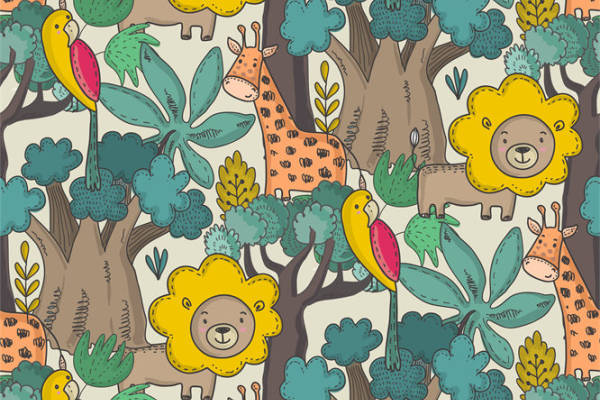 儿童服装印花设计:趣味动物与热带植物图案