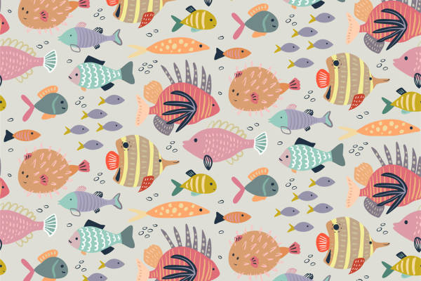 多彩卡通海洋生物面料印花，儿童服装印花设计