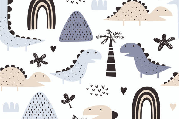 可爱恐龙与自然元素面料印花，儿童服装印花设计