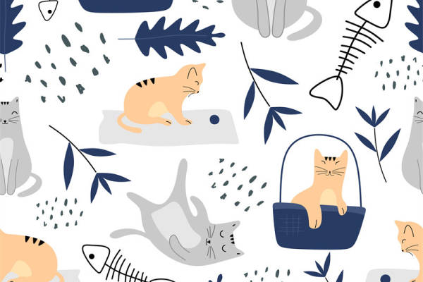 可爱卡通猫咪和小鱼图案服装印花面料设计