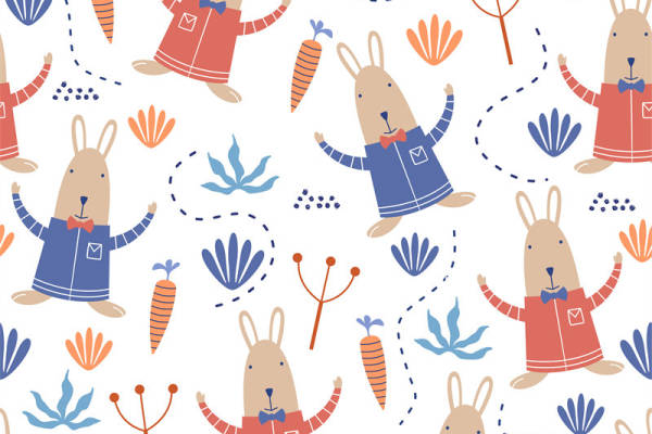 可爱兔子胡萝卜图案面料印花，儿童服装印花设计