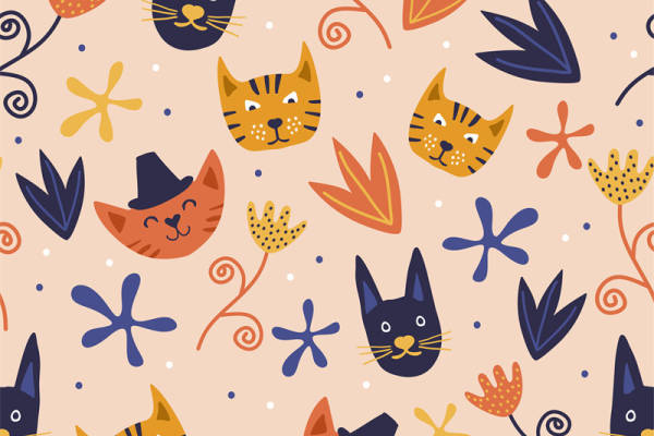 可爱卡通猫咪与花卉图案面料印花服装印花设计