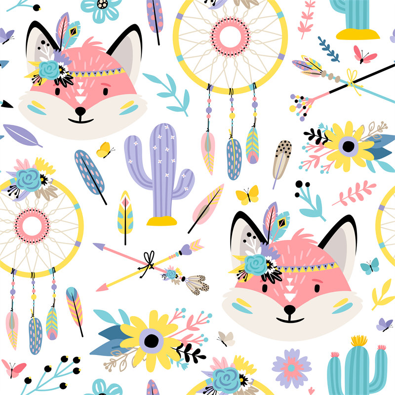 可爱狐狸与捕梦网主题服装印花面料设计