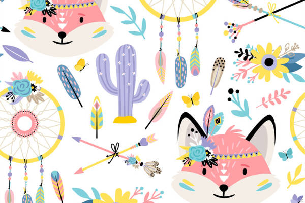 可爱狐狸与捕梦网主题服装印花面料设计