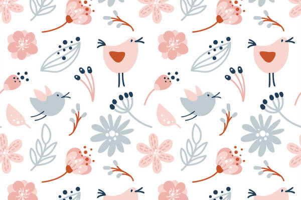 春日清新小鸟与花卉面料印花服装设计