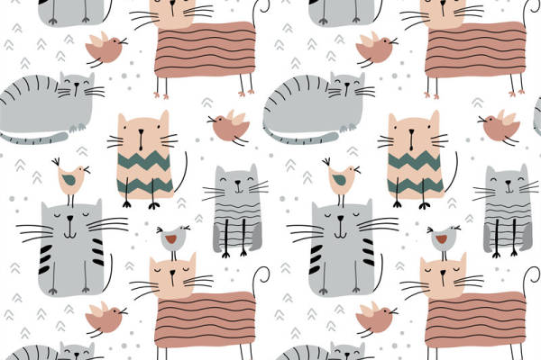 可爱卡通猫服装印花图案,趣味动物面料印花设计