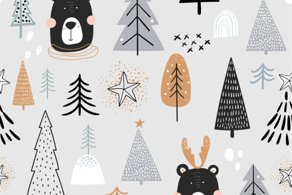 冬季森林动物与树木图案服装印花面料设计