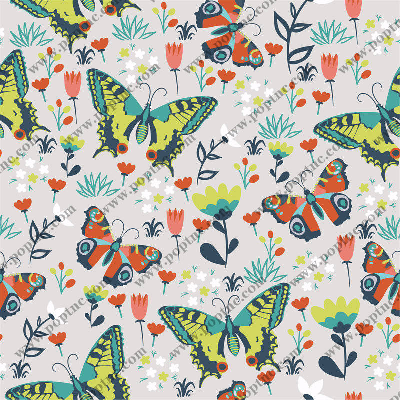 春日花卉蝴蝶图案服装印花面料设计