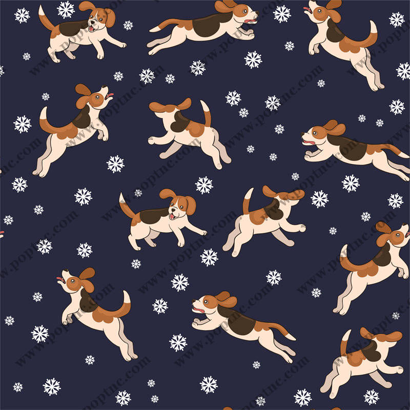 可爱卡通比格犬与雪花图案服装印花面料设计
