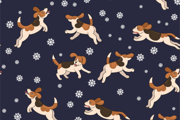 可爱卡通比格犬与雪花图案服装印花面料设计