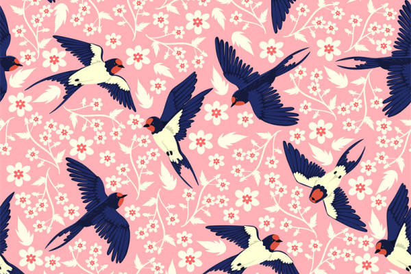 优雅飞鸟与花卉图案面料印花服装印花设计