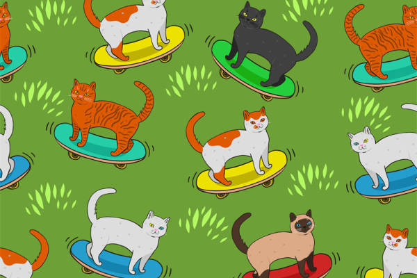 时尚猫咪滑板服装印花面料设计，趣味运动风格