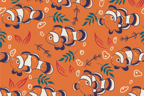 热带海洋风格服装印花面料:小丑鱼与海藻图案设计