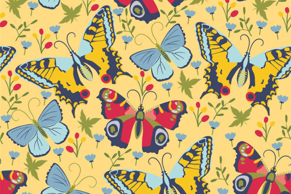 春日蝴蝶与花卉图案面料印花服装印花设计