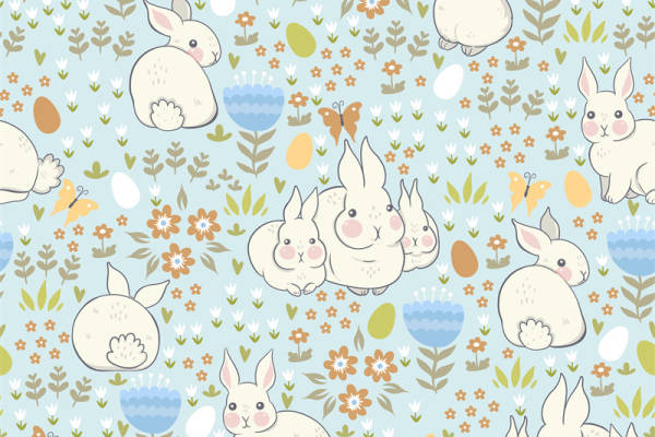 春季可爱兔子与花朵面料印花服装印花设计