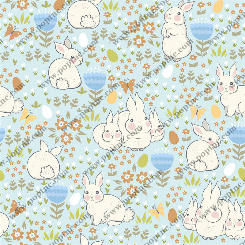 春季可爱兔子与花朵面料印花服装印花设计