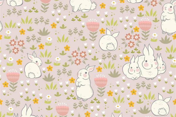 可爱兔子和花卉图案面料印花服装印花设计