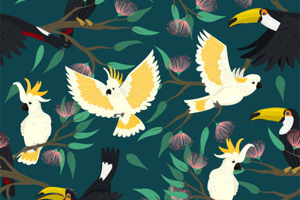 热带鸟类与花卉图案服装印花面料设计