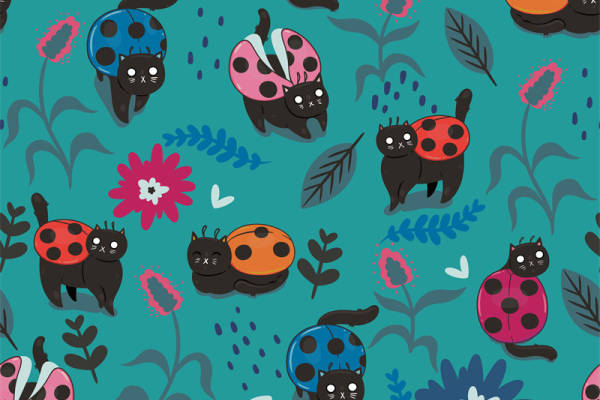 可爱卡通瓢虫和猫咪服装印花面料设计