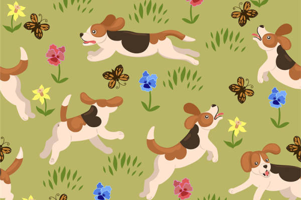 春日田园风格面料印花 活泼小狗与花卉图案服装印花