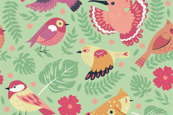 春日田园风格鸟类花卉面料印花服装印花设计