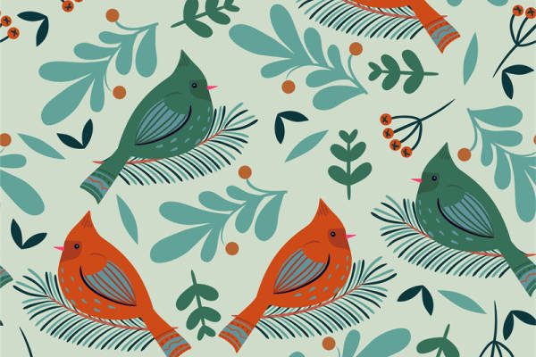 自然风格鸟类图案服装印花面料，适合春夏季节的清新设计
