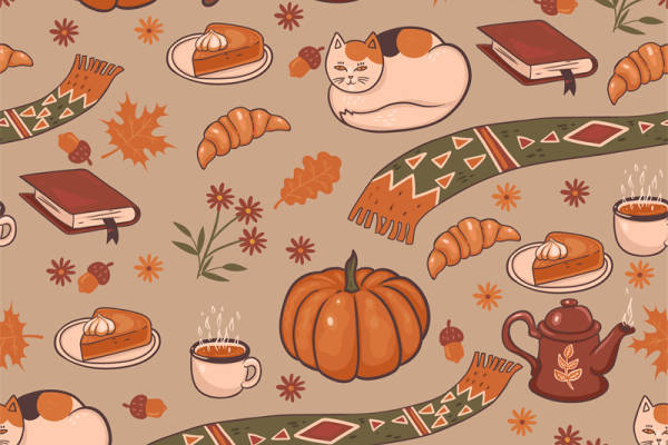 秋季主题面料印花：南瓜、猫咪与咖啡的温馨服装印花设计