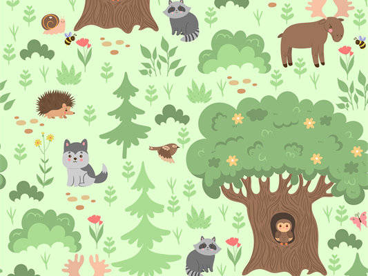 森林动物主题面料印花设计,自然风格服装印花图案