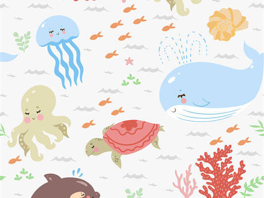 海洋风格儿童服装印花设计：可爱卡通海龟和章鱼图案面料印花