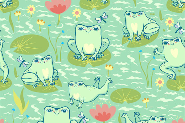 可爱卡通青蛙图案面料印花,夏日服装印花设计