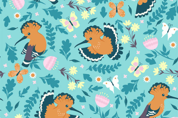 春日田园风格服装印花面料设计，清新自然鸟类花卉图案
