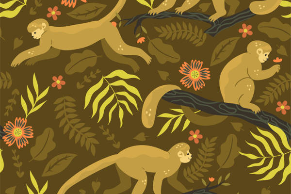 热带雨林猴子图案服装印花面料,时尚自然风格