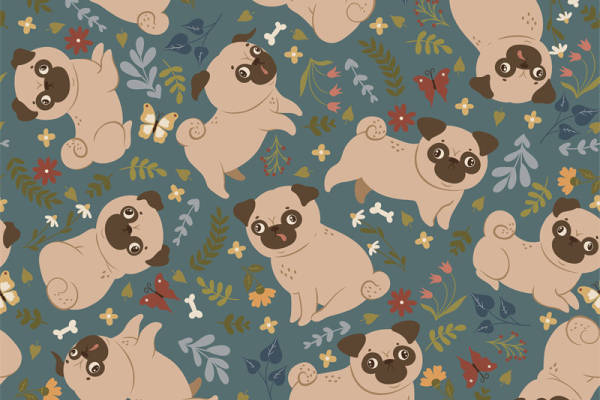 可爱哈巴狗与花卉图案面料印花服装印花设计