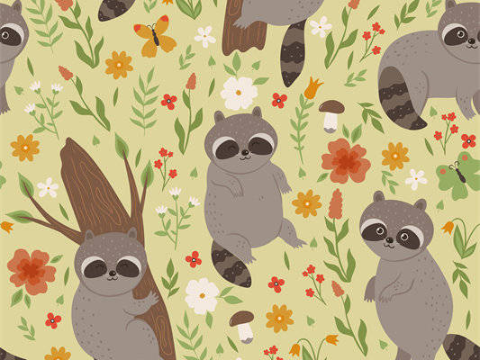 可爱卡通浣熊服装印花面料设计，适合儿童服饰