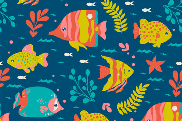 夏季海洋风格彩色鱼图案面料印花服装印花设计