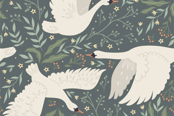 优雅天鹅图案面料印花,自然风格服装印花设计